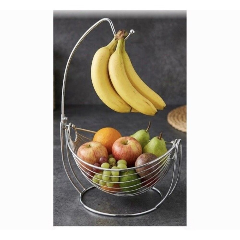Vintage Steel Chrome Finish Swinging Fruit Basket with Banana Holder 18x14x10